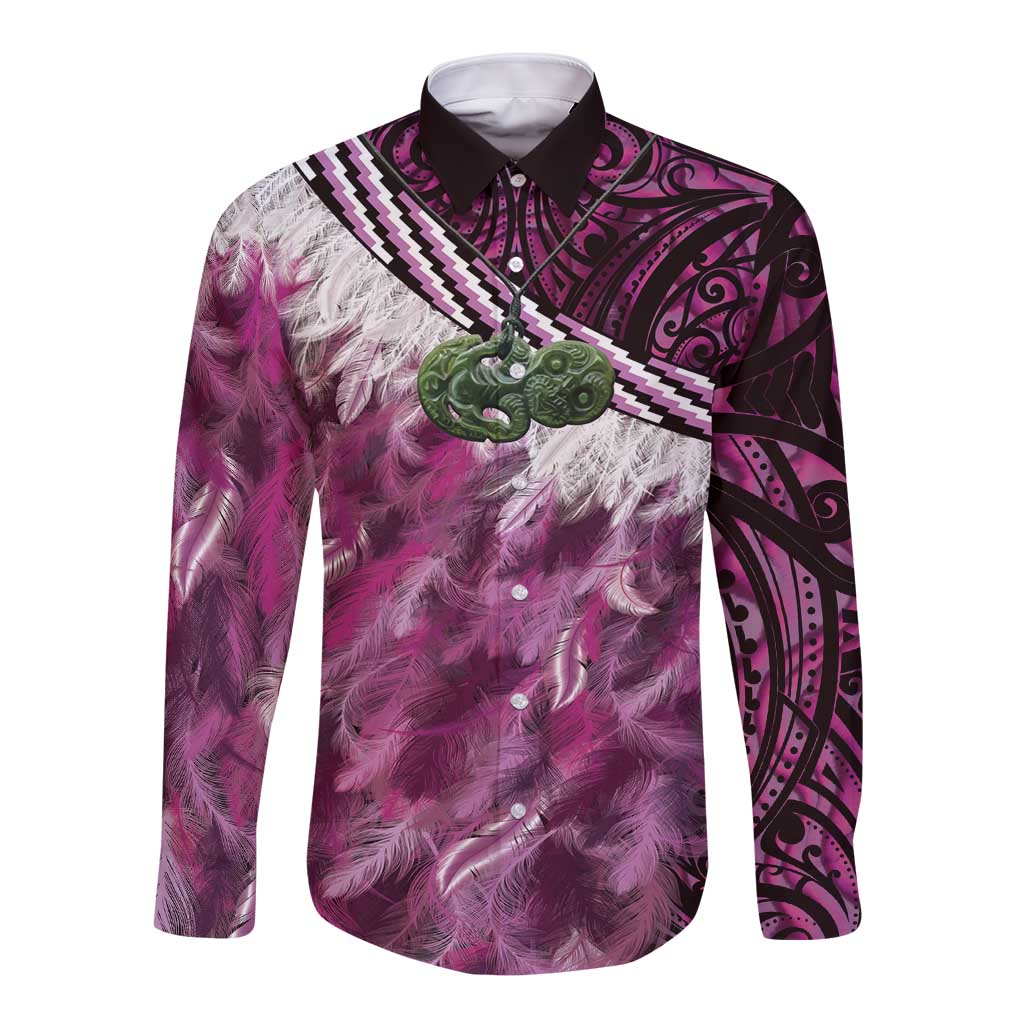 Pink Traditional Cloak Aotearoa Long Sleeve Button Shirt Maori Paua Shell Korowai Pattern