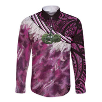 Pink Traditional Cloak Aotearoa Long Sleeve Button Shirt Maori Paua Shell Korowai Pattern