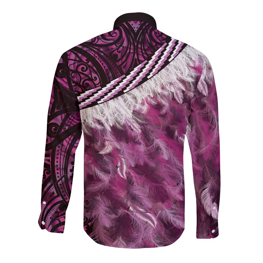 Pink Traditional Cloak Aotearoa Long Sleeve Button Shirt Maori Paua Shell Korowai Pattern