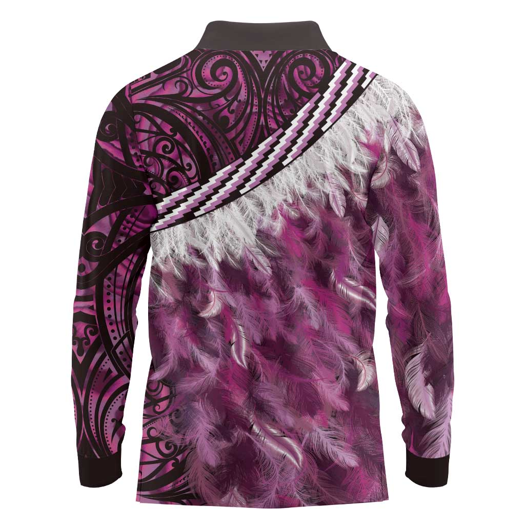 Pink Traditional Cloak Aotearoa Long Sleeve Polo Shirt Maori Paua Shell Korowai Pattern