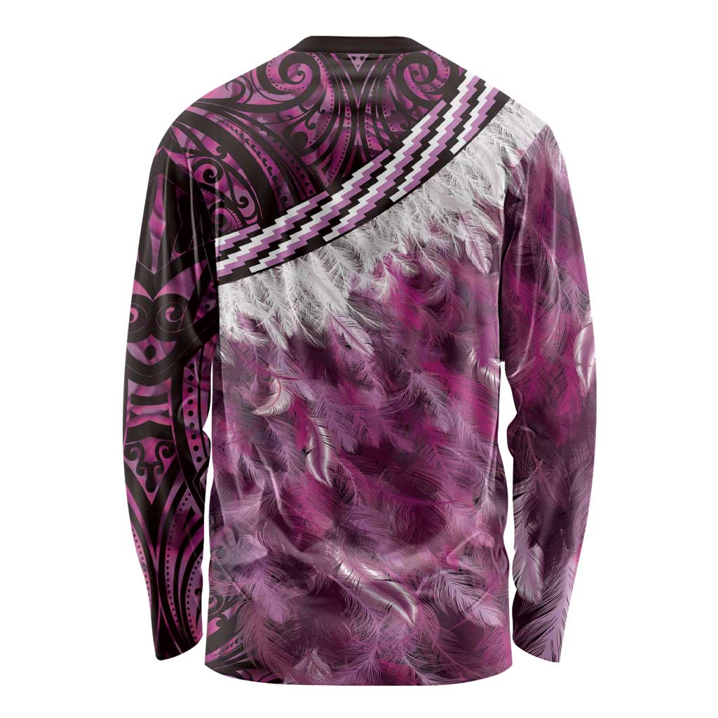 Pink Traditional Cloak Aotearoa Long Sleeve Shirt Maori Paua Shell Korowai Pattern