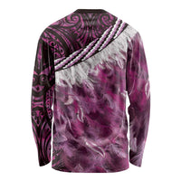 Pink Traditional Cloak Aotearoa Long Sleeve Shirt Maori Paua Shell Korowai Pattern
