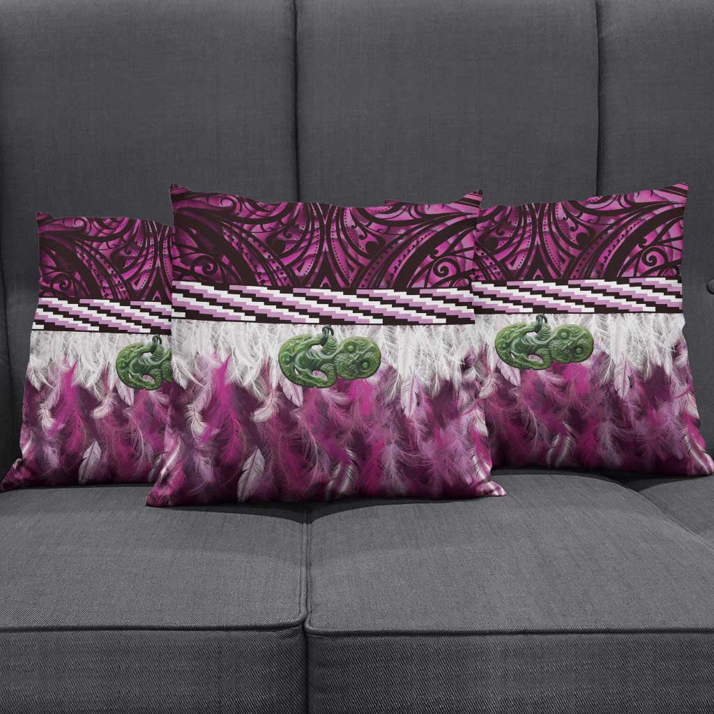 Pink Traditional Cloak Aotearoa Pillow Cover Maori Paua Shell Korowai Pattern - Polynesian Pride