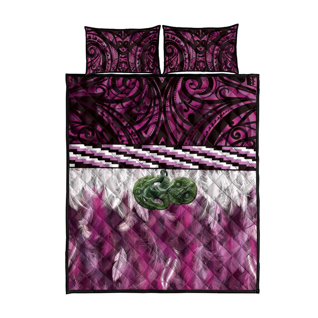 Pink Traditional Cloak Aotearoa Quilt Bed Set Maori Paua Shell Korowai Pattern