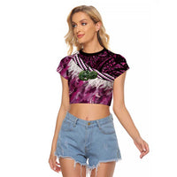 Pink Traditional Cloak Aotearoa Raglan Cropped T Shirt Maori Paua Shell Korowai Pattern LT14 Female Pink - Polynesian Pride