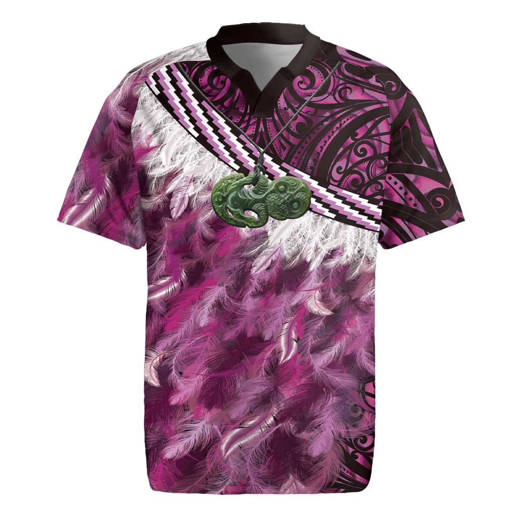 Pink Traditional Cloak Aotearoa Rugby Jersey Maori Paua Shell Korowai Pattern