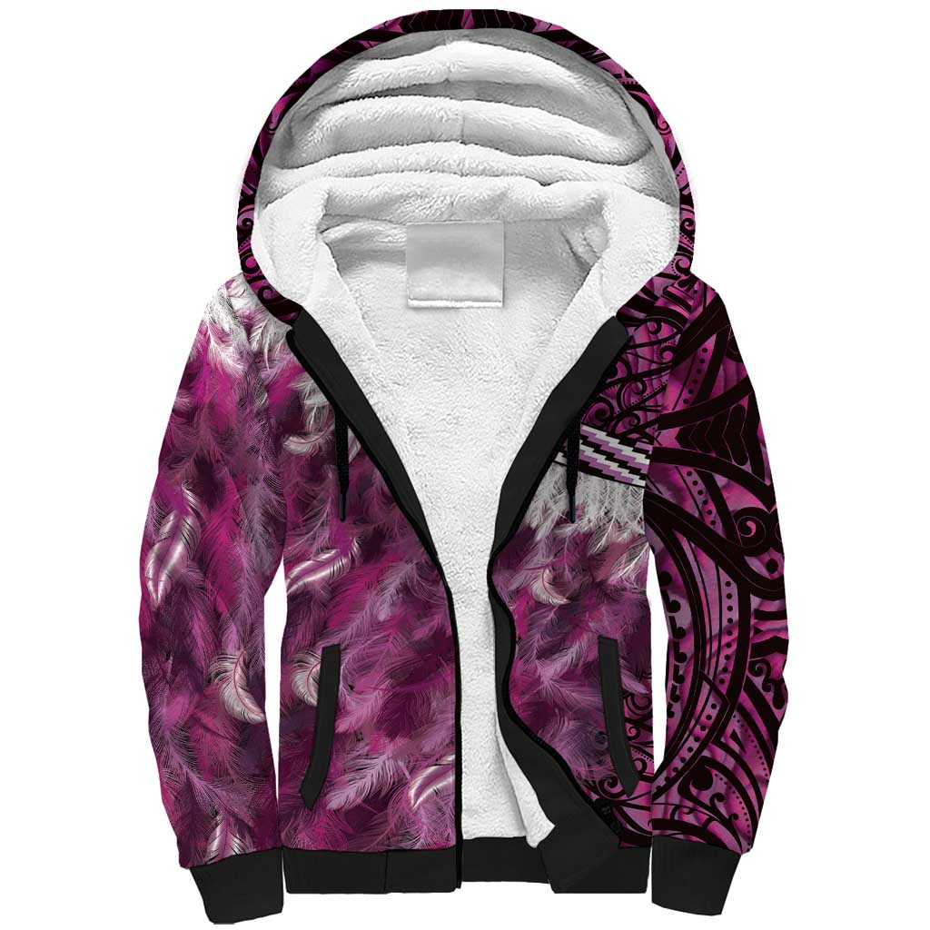 Pink Traditional Cloak Aotearoa Sherpa Hoodie Maori Paua Shell Korowai Pattern