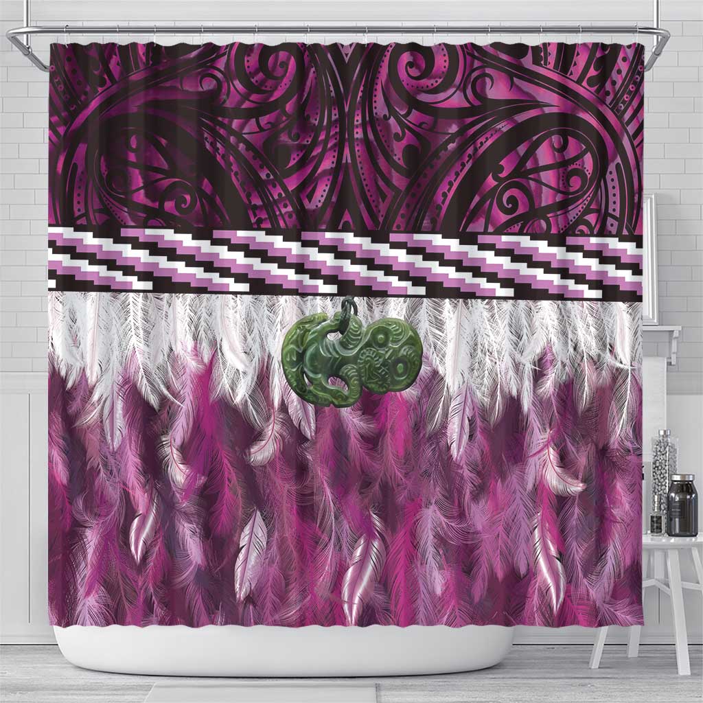 Pink Traditional Cloak Aotearoa Shower Curtain Maori Paua Shell Korowai Pattern