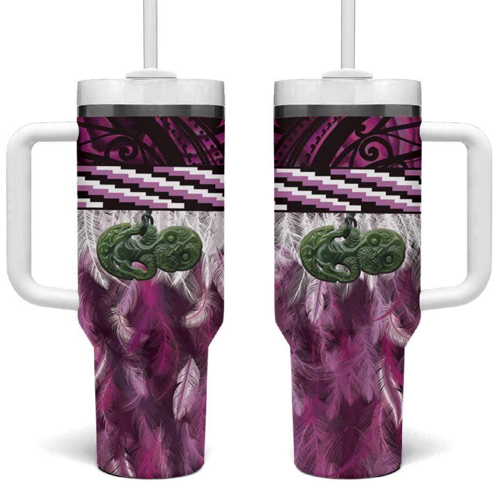 Pink Traditional Cloak Aotearoa Tumbler With Handle Maori Paua Shell Korowai Pattern LT14 One Size: 40 oz Pink - Polynesian Pride