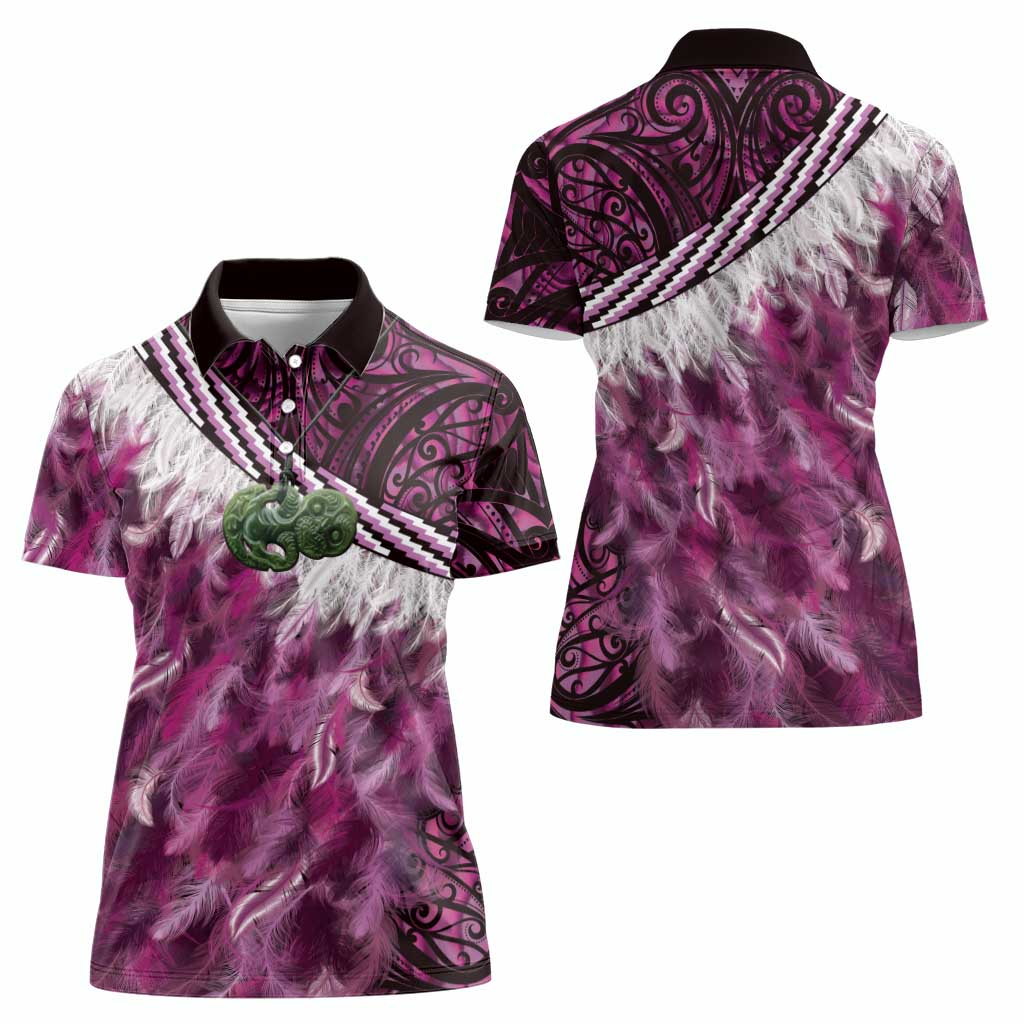 Pink Traditional Cloak Aotearoa Women Polo Shirt Maori Paua Shell Korowai Pattern