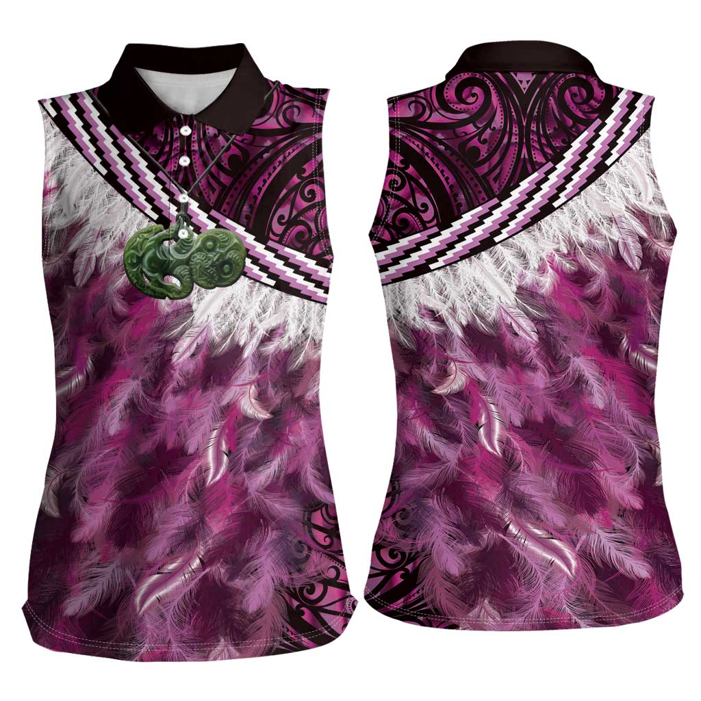 Pink Traditional Cloak Aotearoa Women Sleeveless Polo Shirt Maori Paua Shell Korowai Pattern