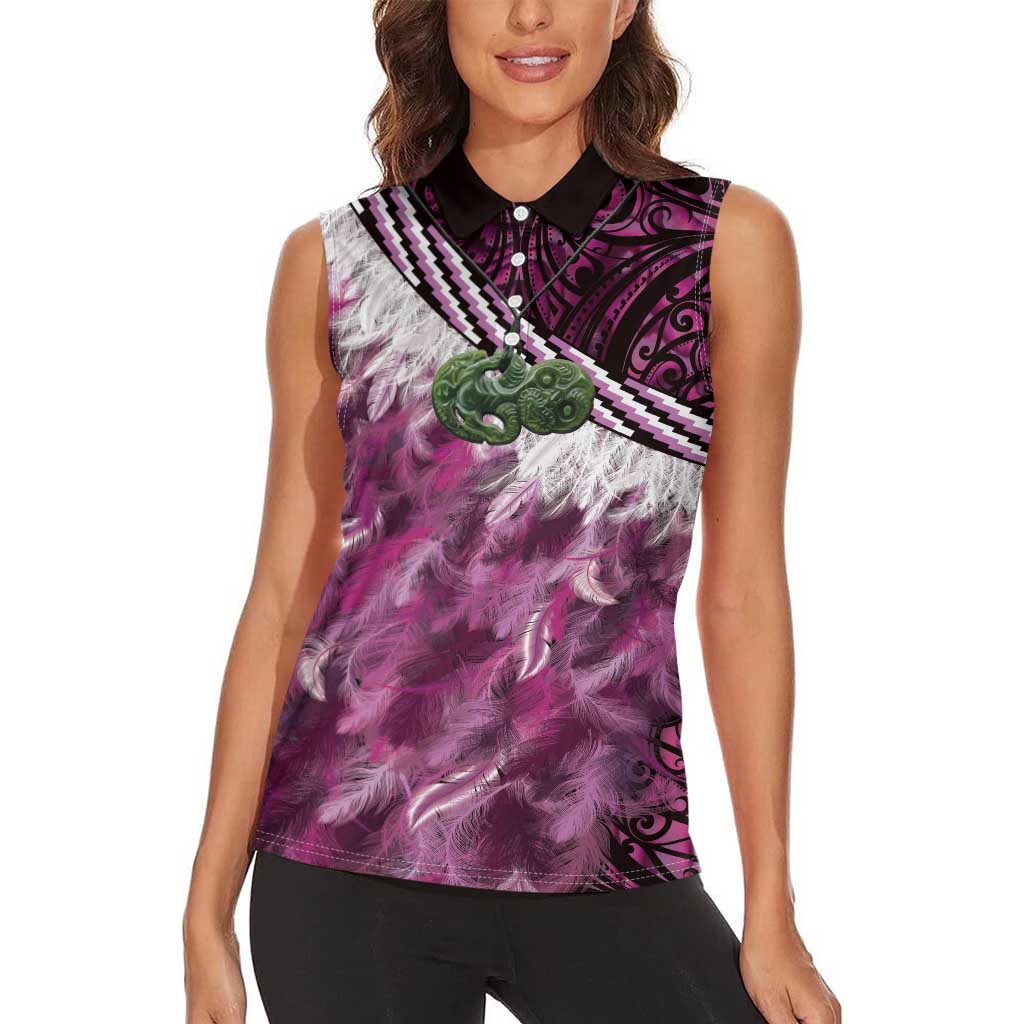 Pink Traditional Cloak Aotearoa Women Sleeveless Polo Shirt Maori Paua Shell Korowai Pattern