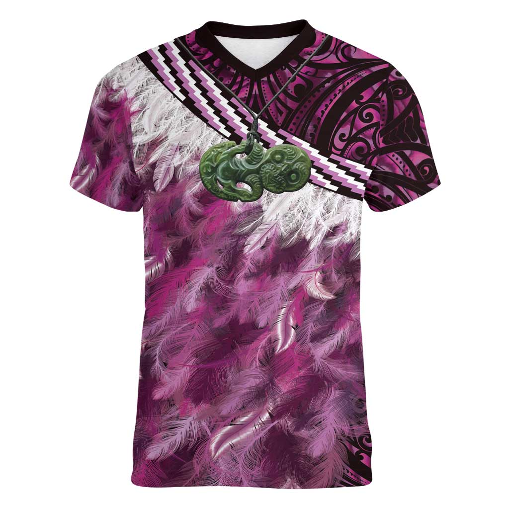 Pink Traditional Cloak Aotearoa Women V-Neck T-Shirt Maori Paua Shell Korowai Pattern LT14 Female Pink - Polynesian Pride