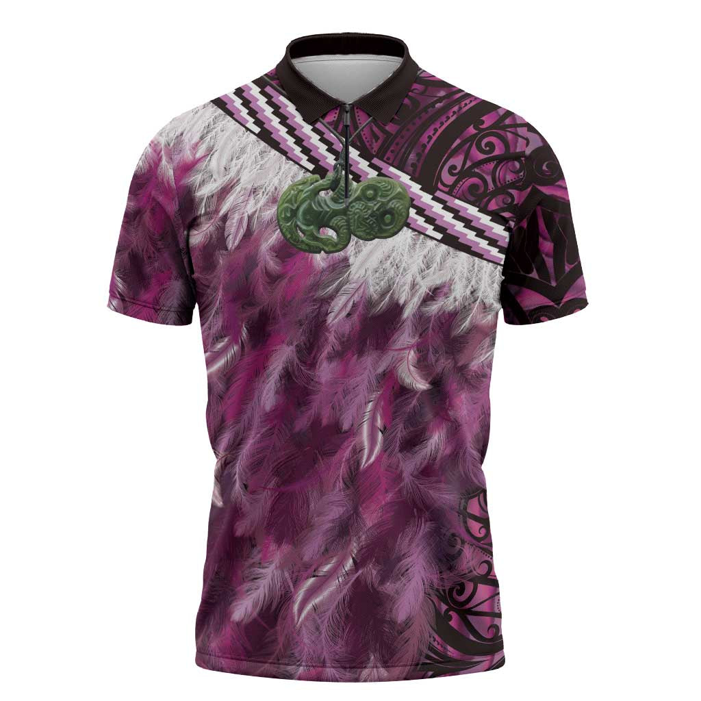 Pink Traditional Cloak Aotearoa Zipper Polo Shirt Maori Paua Shell Korowai Pattern - Polynesian Pride