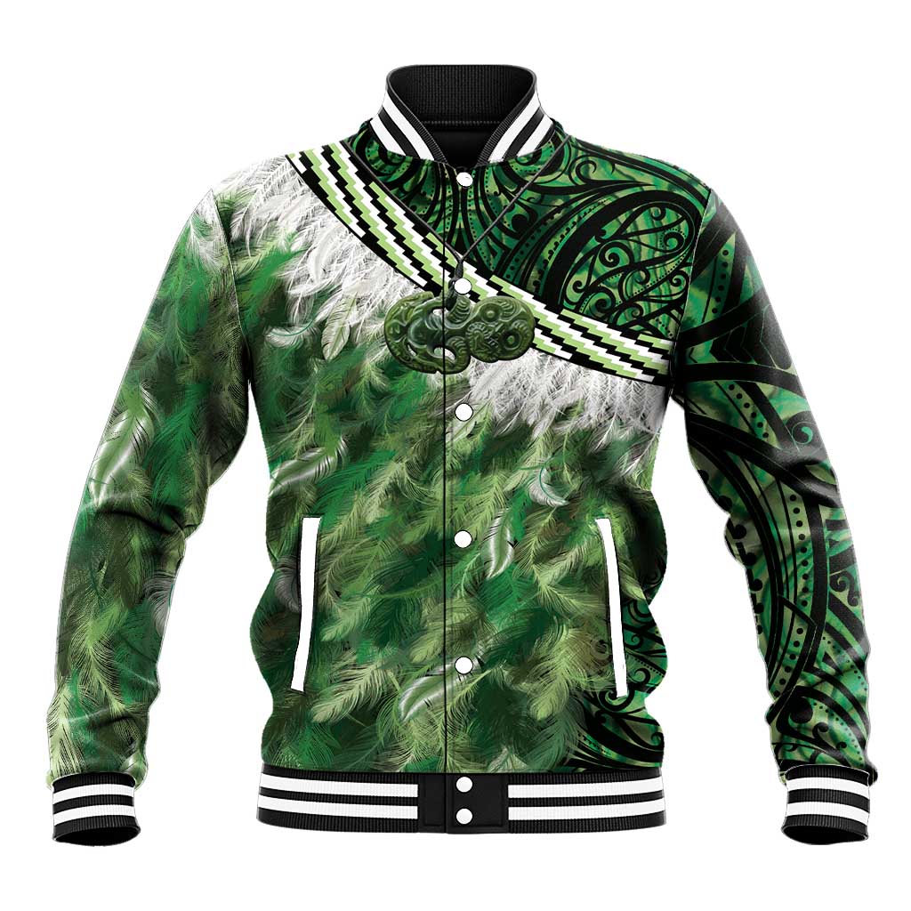 Green Traditional Cloak Aotearoa Baseball Jacket Maori Paua Shell Korowai Pattern