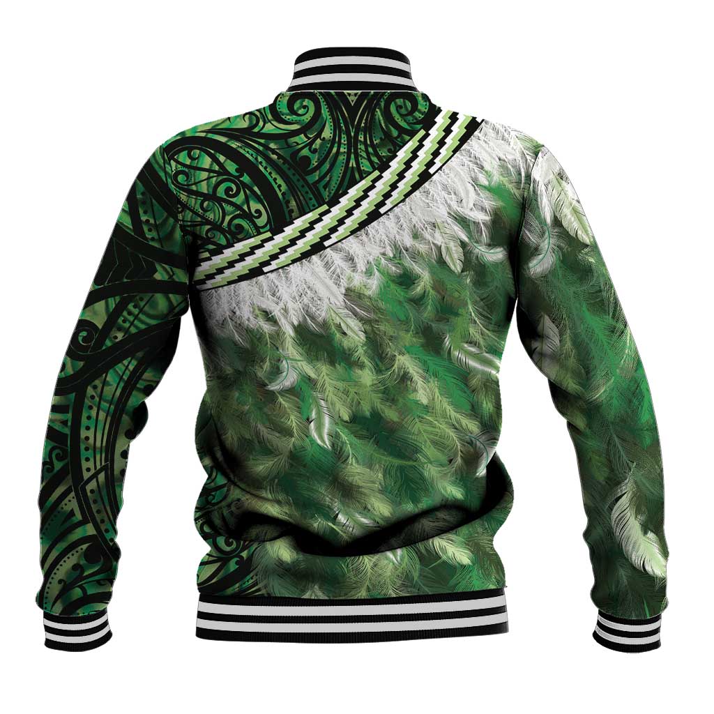 Green Traditional Cloak Aotearoa Baseball Jacket Maori Paua Shell Korowai Pattern
