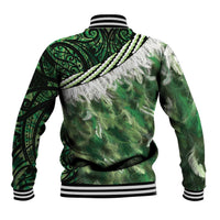 Green Traditional Cloak Aotearoa Baseball Jacket Maori Paua Shell Korowai Pattern