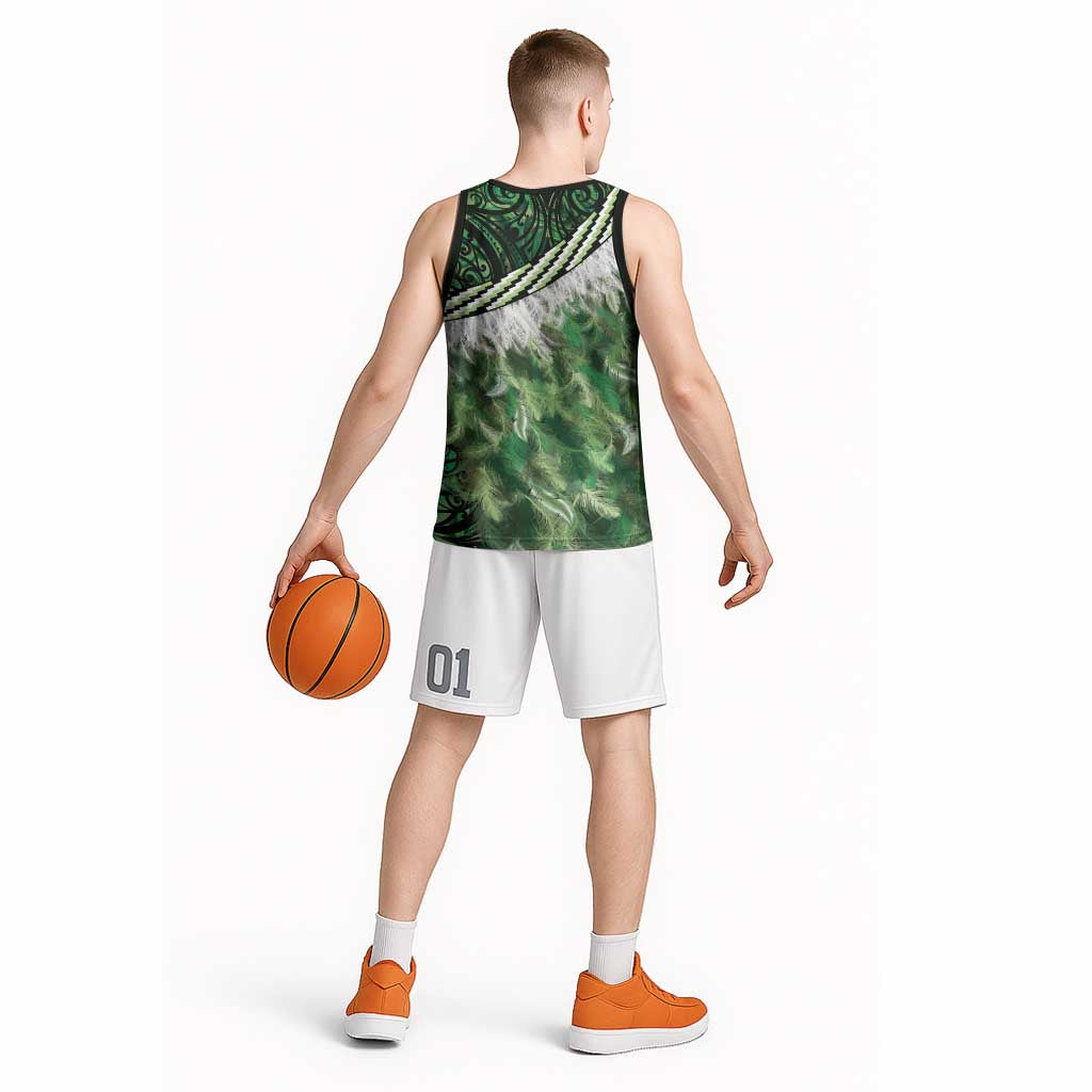 Green Traditional Cloak Aotearoa Basketball Jersey Maori Paua Shell Korowai Pattern - Polynesian Pride