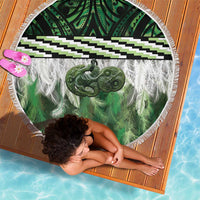 Green Traditional Cloak Aotearoa Beach Blanket Maori Paua Shell Korowai Pattern