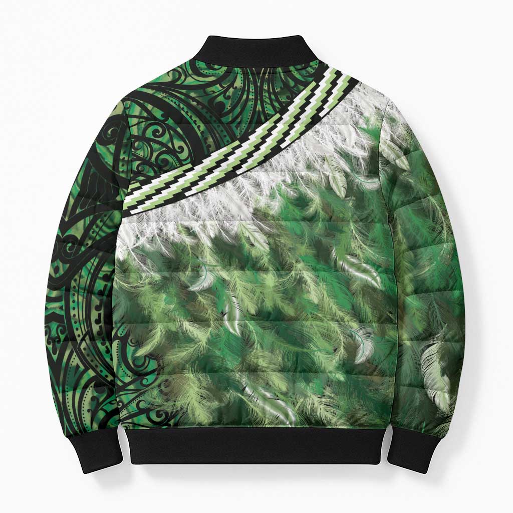 Green Traditional Cloak Aotearoa Bomber Puffer Jacket Maori Paua Shell Korowai Pattern - Polynesian Pride