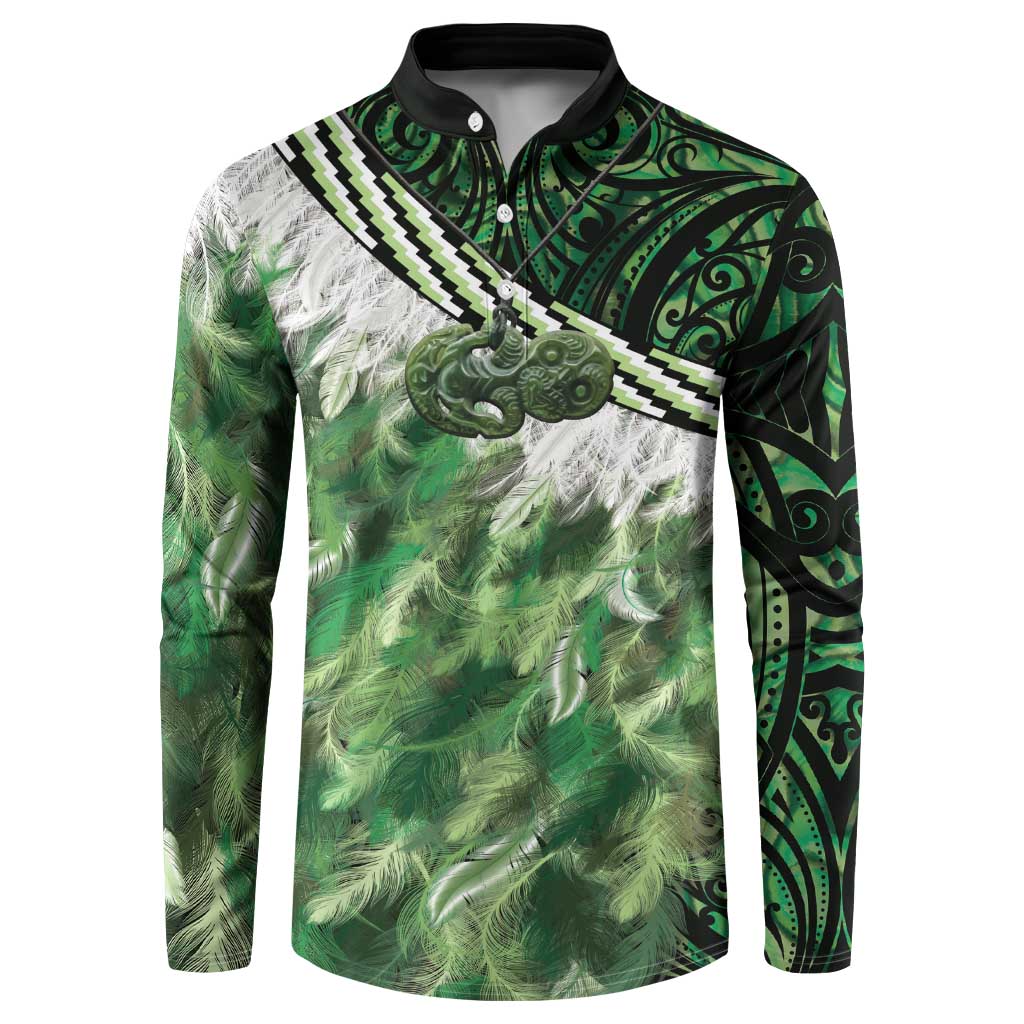 Green Traditional Cloak Aotearoa Button Sweatshirt Maori Paua Shell Korowai Pattern