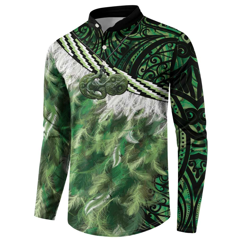 Green Traditional Cloak Aotearoa Button Sweatshirt Maori Paua Shell Korowai Pattern