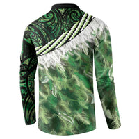 Green Traditional Cloak Aotearoa Button Sweatshirt Maori Paua Shell Korowai Pattern