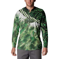 Green Traditional Cloak Aotearoa Button Sweatshirt Maori Paua Shell Korowai Pattern