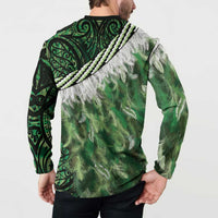 Green Traditional Cloak Aotearoa Button Sweatshirt Maori Paua Shell Korowai Pattern