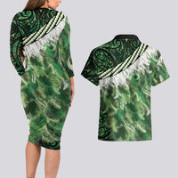 Green Traditional Cloak Aotearoa Couples Matching Long Sleeve Bodycon Dress and Hawaiian Shirt Maori Paua Shell Korowai Pattern LT14 - Polynesian Pride