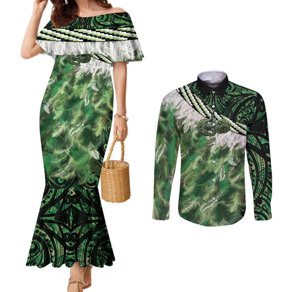 Green Traditional Cloak Aotearoa Couples Matching Mermaid Dress and Long Sleeve Button Shirt Maori Paua Shell Korowai Pattern LT14 Green - Polynesian Pride