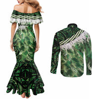 Green Traditional Cloak Aotearoa Couples Matching Mermaid Dress and Long Sleeve Button Shirt Maori Paua Shell Korowai Pattern LT14 - Polynesian Pride