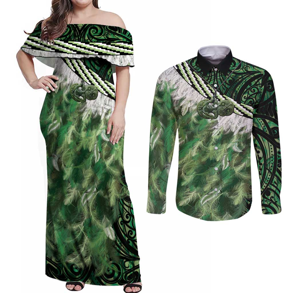 Green Traditional Cloak Aotearoa Couples Matching Off Shoulder Maxi Dress and Long Sleeve Button Shirt Maori Paua Shell Korowai Pattern LT14 Green - Polynesian Pride
