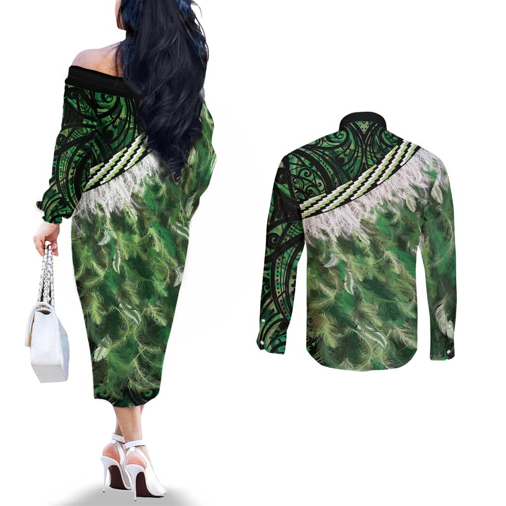 Green Traditional Cloak Aotearoa Couples Matching Off The Shoulder Long Sleeve Dress and Long Sleeve Button Shirt Maori Paua Shell Korowai Pattern LT14 - Polynesian Pride