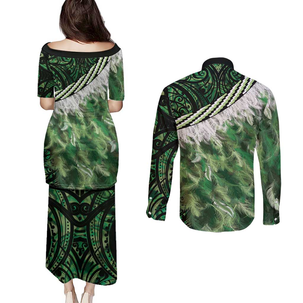 Green Traditional Cloak Aotearoa Couples Matching Puletasi and Long Sleeve Button Shirt Maori Paua Shell Korowai Pattern