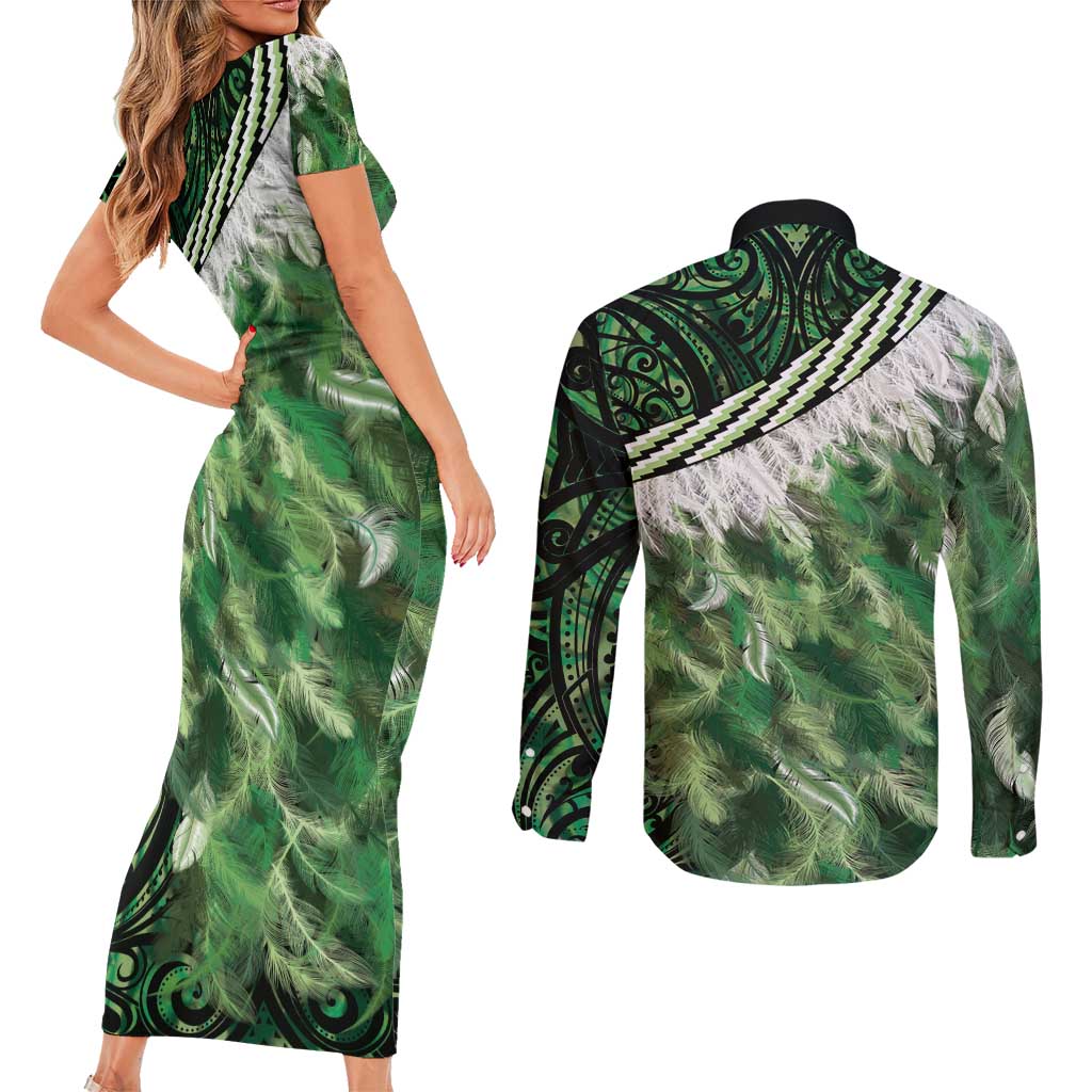 Green Traditional Cloak Aotearoa Couples Matching Short Sleeve Bodycon Dress and Long Sleeve Button Shirt Maori Paua Shell Korowai Pattern LT14 - Polynesian Pride