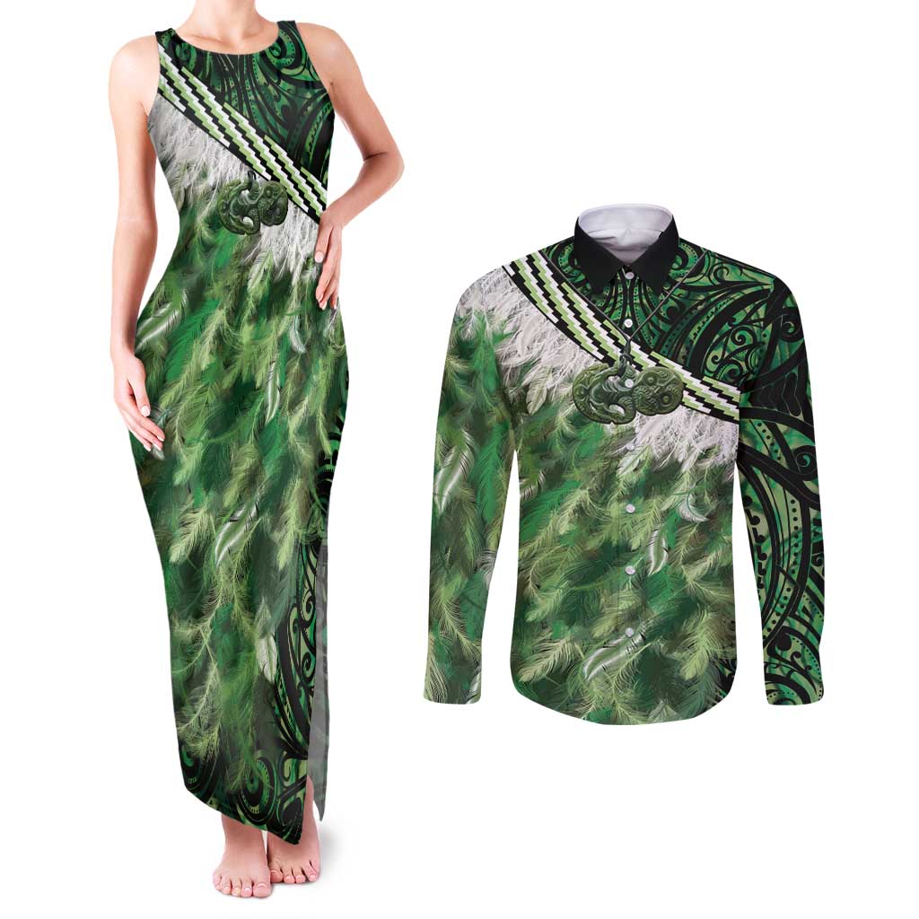 Green Traditional Cloak Aotearoa Couples Matching Tank Maxi Dress and Long Sleeve Button Shirt Maori Paua Shell Korowai Pattern LT14 Green - Polynesian Pride