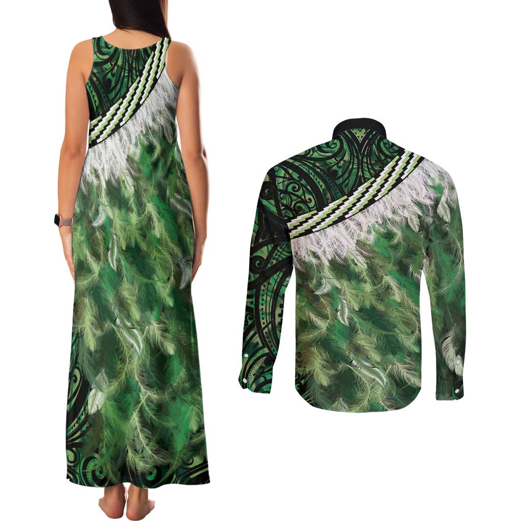 Green Traditional Cloak Aotearoa Couples Matching Tank Maxi Dress and Long Sleeve Button Shirt Maori Paua Shell Korowai Pattern LT14 - Polynesian Pride