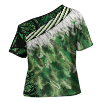 Green Traditional Cloak Aotearoa Cross Shoulder Shirt Maori Paua Shell Korowai Pattern - Polynesian Pride