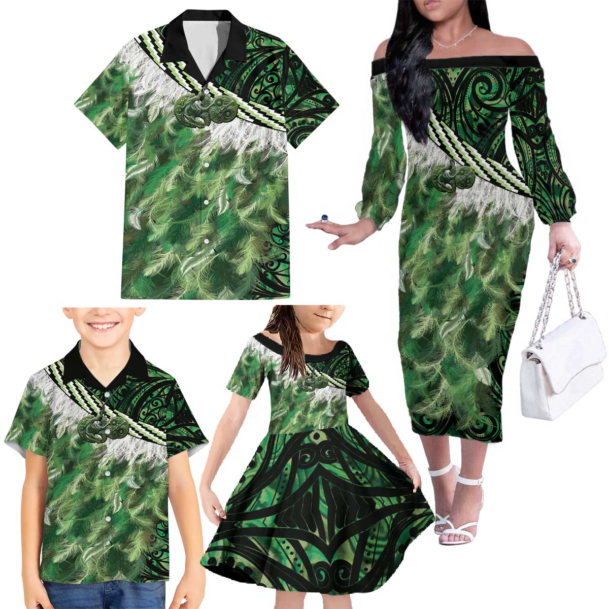 Green Traditional Cloak Aotearoa Family Matching Off The Shoulder Long Sleeve Dress and Hawaiian Shirt Maori Paua Shell Korowai Pattern