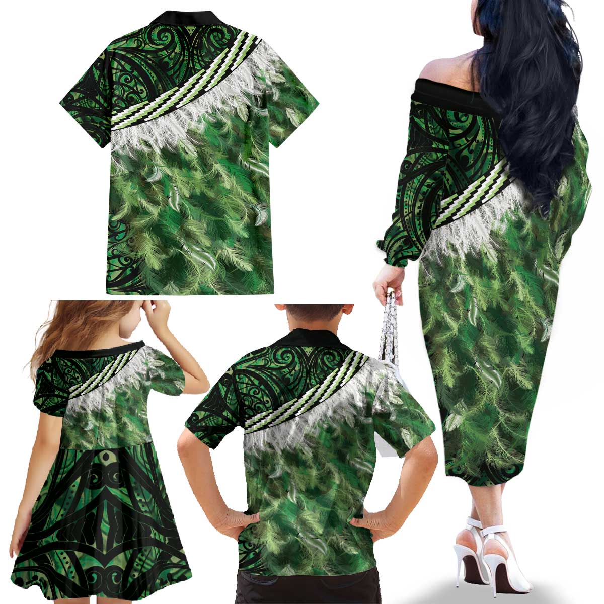 Green Traditional Cloak Aotearoa Family Matching Off The Shoulder Long Sleeve Dress and Hawaiian Shirt Maori Paua Shell Korowai Pattern