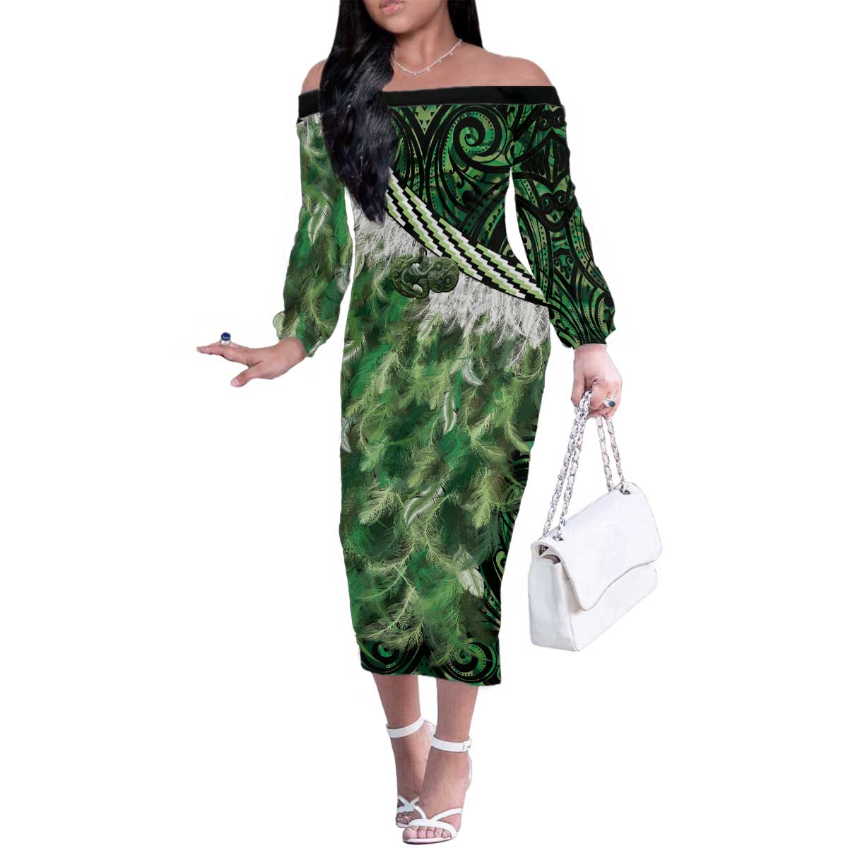 Green Traditional Cloak Aotearoa Family Matching Off The Shoulder Long Sleeve Dress and Hawaiian Shirt Maori Paua Shell Korowai Pattern