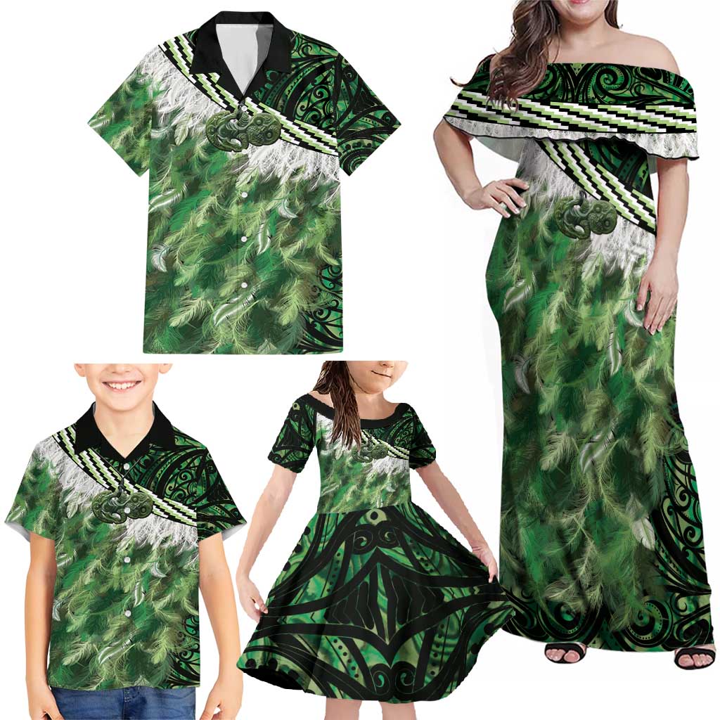 Green Traditional Cloak Aotearoa Family Matching Off Shoulder Maxi Dress and Hawaiian Shirt Maori Paua Shell Korowai Pattern