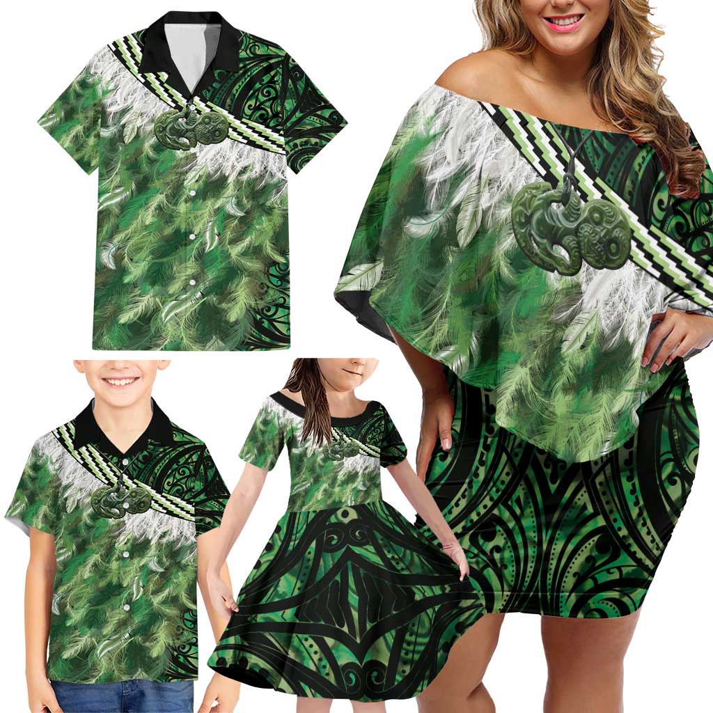 Green Traditional Cloak Aotearoa Family Matching Off Shoulder Short Dress and Hawaiian Shirt Maori Paua Shell Korowai Pattern