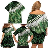 Green Traditional Cloak Aotearoa Family Matching Off Shoulder Short Dress and Hawaiian Shirt Maori Paua Shell Korowai Pattern