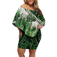 Green Traditional Cloak Aotearoa Family Matching Off Shoulder Short Dress and Hawaiian Shirt Maori Paua Shell Korowai Pattern