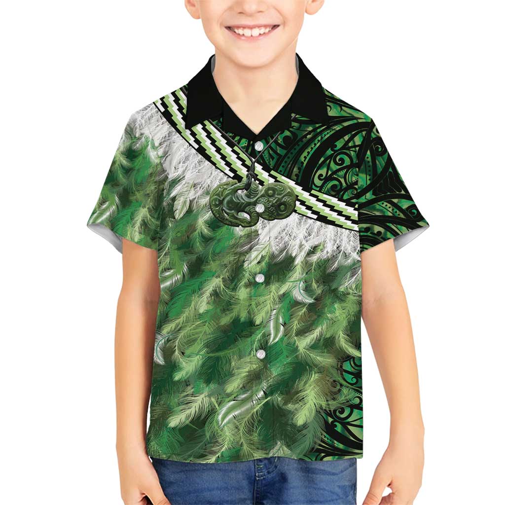 Green Traditional Cloak Aotearoa Family Matching Off Shoulder Short Dress and Hawaiian Shirt Maori Paua Shell Korowai Pattern