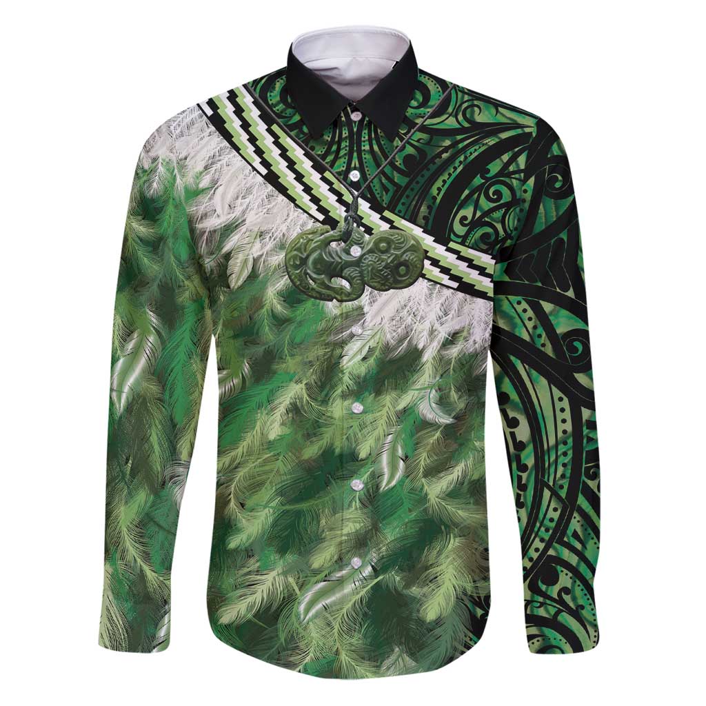 Green Traditional Cloak Aotearoa Family Matching Puletasi and Hawaiian Shirt Maori Paua Shell Korowai Pattern LT14 Dad's Shirt - Long Sleeve Green - Polynesian Pride