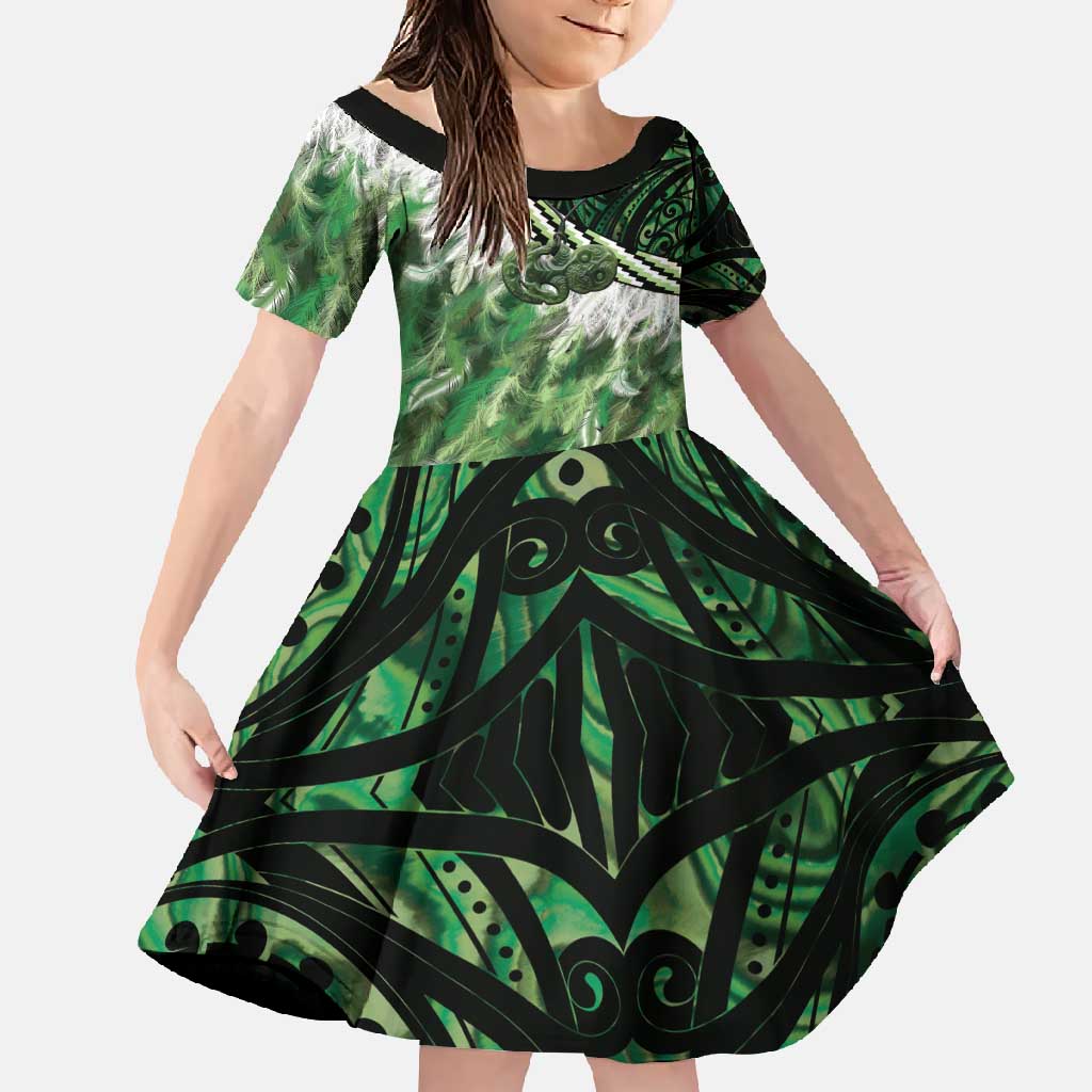 Green Traditional Cloak Aotearoa Family Matching Short Sleeve Bodycon Dress and Hawaiian Shirt Maori Paua Shell Korowai Pattern