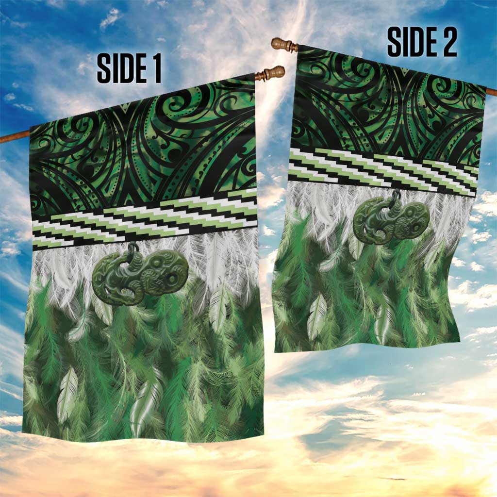 Green Traditional Cloak Aotearoa Garden Flag Maori Paua Shell Korowai Pattern